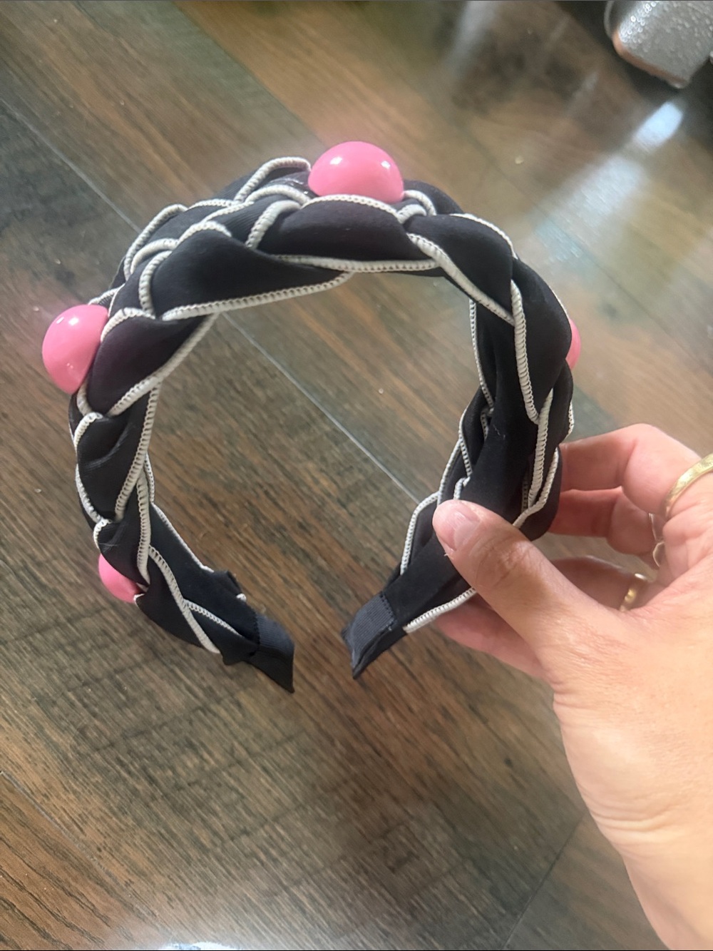 Braided Black Headband with Pink Accents
